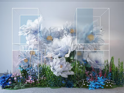 Floral Installation with Transparent Cube Frames White Blue Flowers and Green Plants 3d model