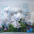 Floral Installation with Transparent Cube Frames White Blue Flowers and Green Plants 3d model