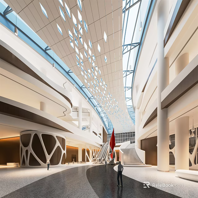 Modern Grand Atrium Interior With Glass Skylight Curved Staircase And Red Flags 3d model 