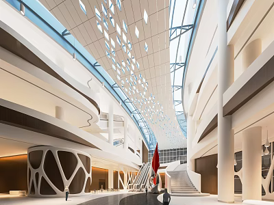 Modern Grand Atrium Interior With Glass Skylight Curved Staircase And Red Flags 3d model