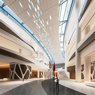 Modern Grand Atrium Interior With Glass Skylight Curved Staircase And Red Flags 3d model