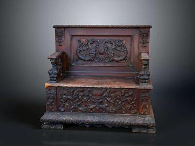 Antique Wooden Bench With Intricate Carved Animal Figures And Dark Wood Design 3d model