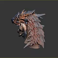 Fantasy Creature Head Sculpture With Vibrant Blue Orange Scales Open Mouth And Sharp Teeth