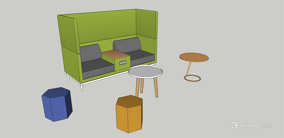 Modern Green Sofa with Gray Cushions and Multicolored Shaped Coffee Table Set 3d model