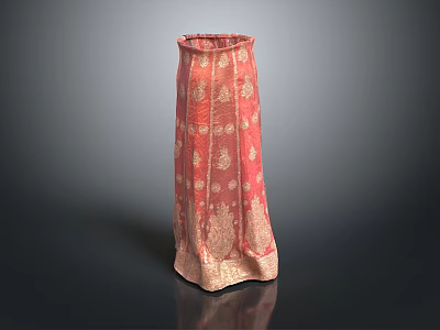 Elegant Red Long Dress With Intricate Gold Patterns And Traditional Design 3d model