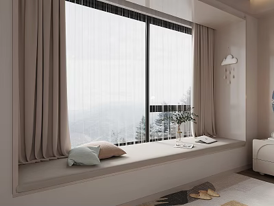 Cozy Window Seat With Sheer And Beige Curtains Overlooking Mountain View Interior Design 3d model