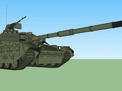 Military Tank with Long Cannon Turret Tracks and Antenna on Green Field 3d model