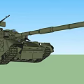 Military Tank with Long Cannon Turret Tracks and Antenna on Green Field