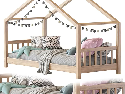 Cozy Wooden Kids Bed With House Shaped Frame String Lights And Colorful Pillows 3d model