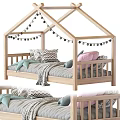 Cozy Wooden Kids Bed With House Shaped Frame String Lights And Colorful Pillows