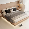 Modern Double Bed with Wooden Headboard Pillows Gray Blanket Nightstands Table Lamps Bright Bedroom