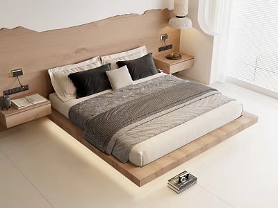 Modern Double Bed with Wooden Headboard Pillows Gray Blanket Nightstands Table Lamps Bright Bedroom 3d model