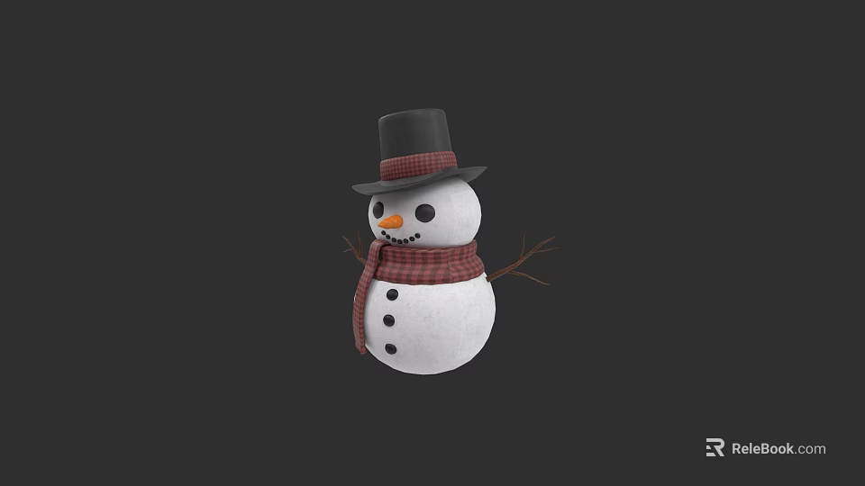Snowman Sculpture With Black Top Hat Red And White Checkered Scarf Carrot Nose Twig Arms 3d model 
