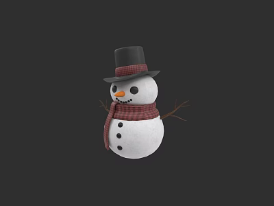 Snowman Sculpture With Black Top Hat Red And White Checkered Scarf Carrot Nose Twig Arms 3d model