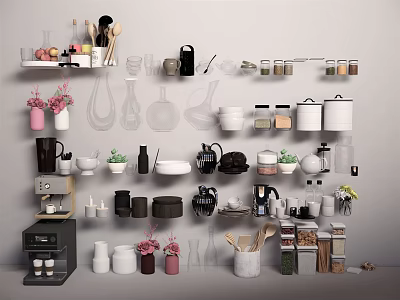 Organized Kitchenware Display With Utensils Storage Jars And Small Decorative Plants 3d model