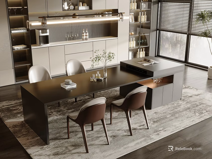 Modern Open Dining Room Interior With Black Table Brown Chairs And Area Rug 3d model 
