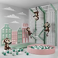 Kids Playground Equipment With Climbing Frame Monkey Dolls Ball Pit Cloud Decorations And Colorful Houses