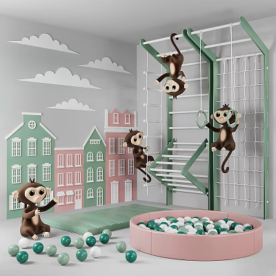 Kids Playground Equipment With Climbing Frame Monkey Dolls Ball Pit Cloud Decorations And Colorful Houses 3d model