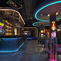 Modern Bar Interior With Neon Signs Bar Counter Wine Racks And Dark Decor