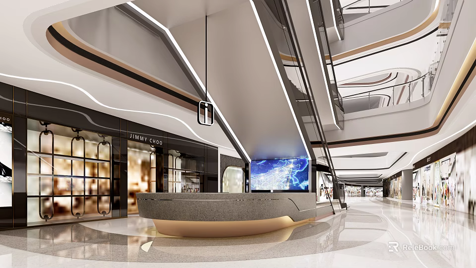 Modern Shopping Mall Lobby Interior Design With Curved Reception Desk Large Screen And Lighting 3d model 