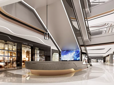 Modern Shopping Mall Lobby Interior Design With Curved Reception Desk Large Screen And Lighting 3d model