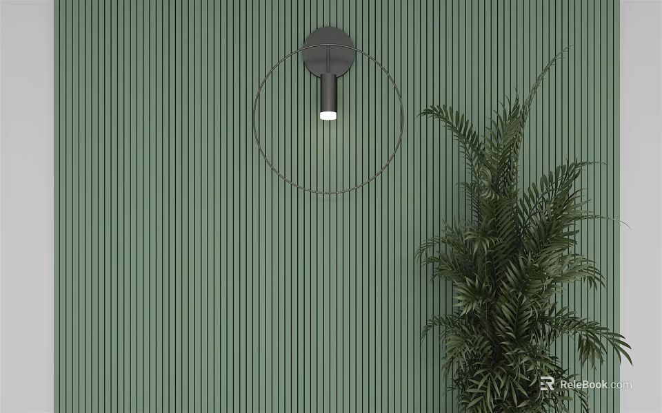 Modern Wall Lamp On Green Vertical Striped Wall With Potted Plant 3d model 