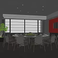 Elegant Private Dining Room Interior With Round Table Tableware Large Windows Plant And Red Wall 3d model