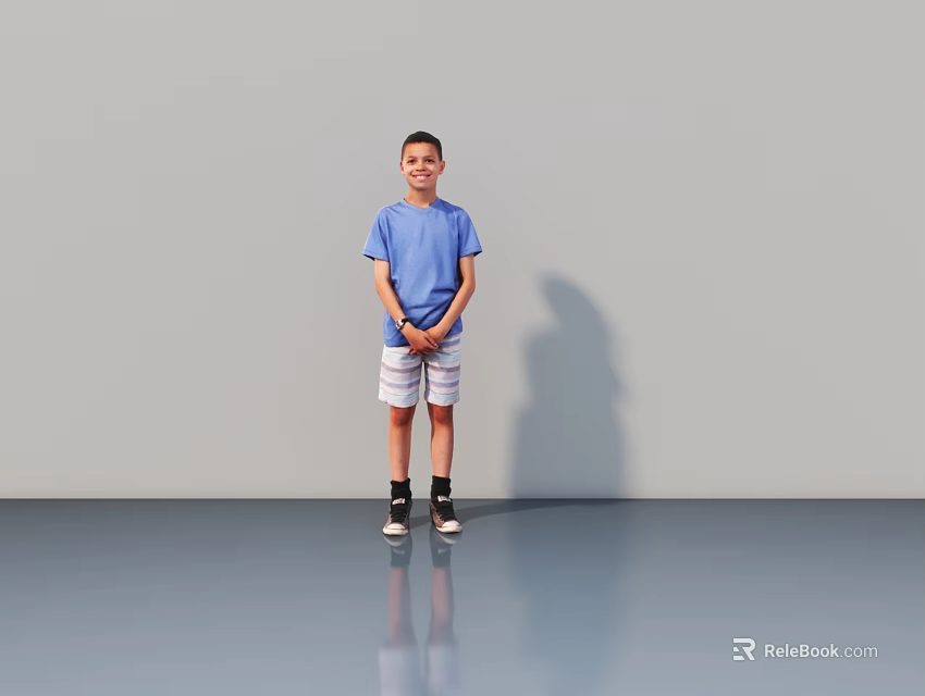 Man Standing In Blue T-Shirt White Shorts With Hands Crossed Against Grey Reflective Floor 3d model 