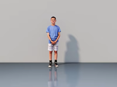 Man Standing In Blue T-Shirt White Shorts With Hands Crossed Against Grey Reflective Floor 3d model