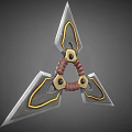 Triangular Shuriken Weapon With Metal Blades Red Ring And Yellow Accents