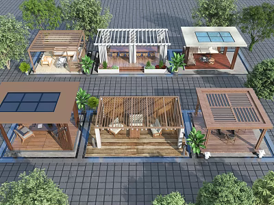 Various Modern Outdoor Pavilions With Wooden Structures Glass Roofs Solar Panels And Green Plants 3d model