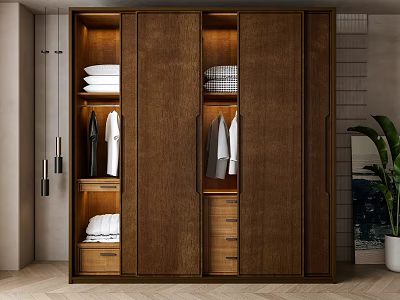 Contemporary Wooden Wardrobe with Hanging Garments Folded Linen and Storage Drawers in Room Interior 3d model