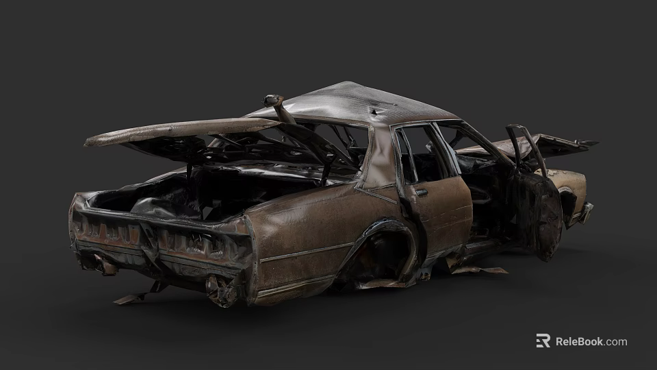 Wrecked Abandoned Rusty Car With Open Hood Doors And Broken Windows 3d model 