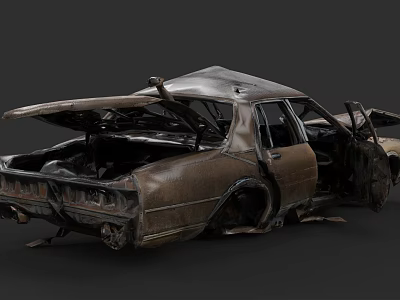 Wrecked Abandoned Rusty Car With Open Hood Doors And Broken Windows 3d model