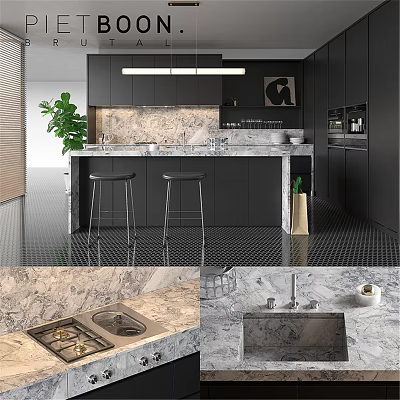 Modern Kitchen Interior With Black Cabinets Marble Island And Countertop Appliances 3d model