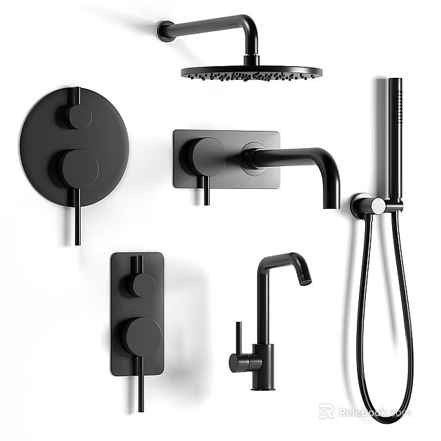 Modern Black Wall Mounted Shower System with Control Knobs Handheld Head and Faucet 3d model 