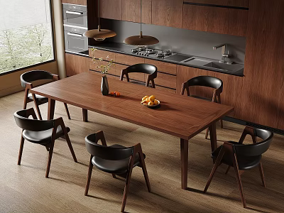 Modern Restaurant Dining Area With Wooden Table Black Chairs And Open Kitchen 3d model