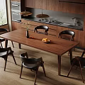 Modern Restaurant Dining Area With Wooden Table Black Chairs And Open Kitchen