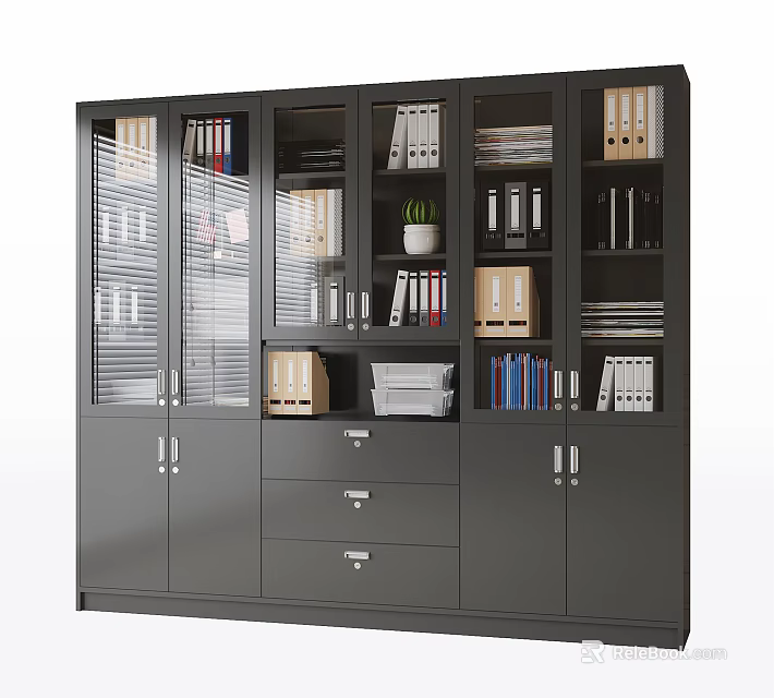 Gray Office Cabinet With Glass Doors Drawers And Organized Files Books Plant 3d model 