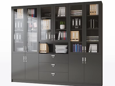 Gray Office Cabinet With Glass Doors Drawers And Organized Files Books Plant 3d model