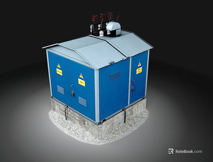 Blue Electrical Enclosure With Gray Roof Yellow Warning Signs And Stone Base 3d model 