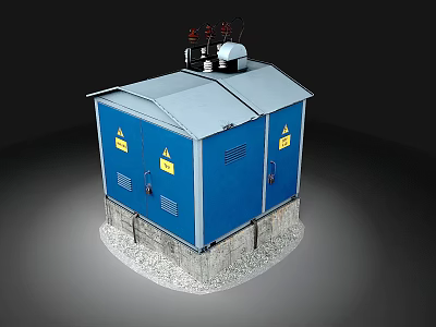 Blue Electrical Enclosure With Gray Roof Yellow Warning Signs And Stone Base 3d model