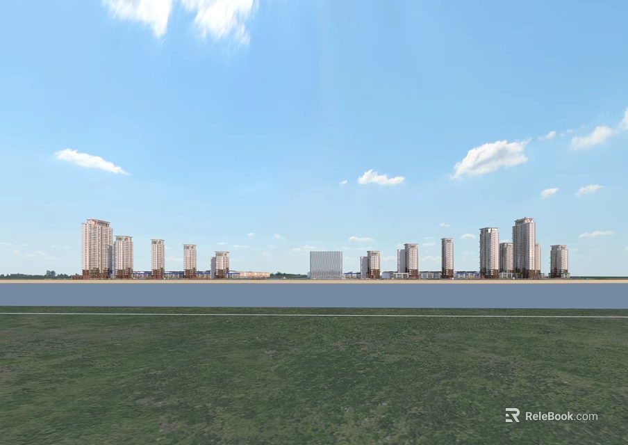 Modern High Rise Residential Buildings With Waterfront Green Grass And Blue Sky 3d model 