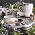 Elegant White Ceramic Tableware Set With Coffee Cups Plates Fresh Cake Greenery Vase And Candles