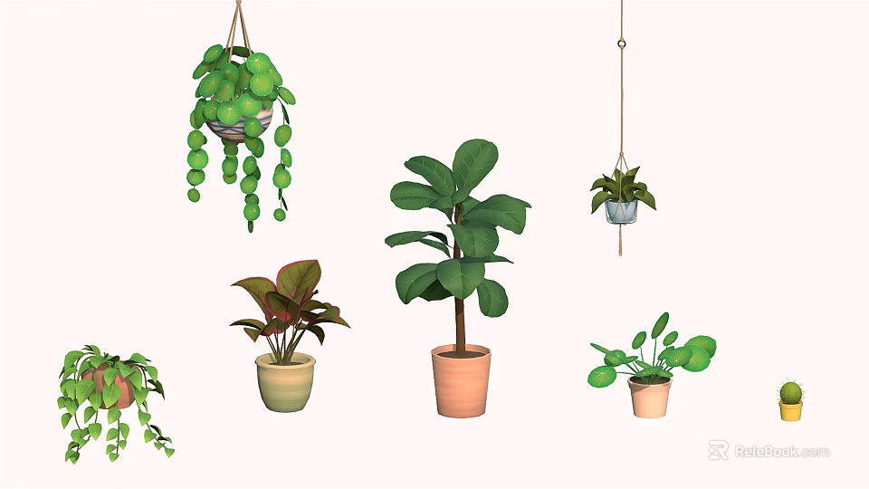 Indoor Hanging Basket Plants With Lush Green Leaves And Trailing Vines 3d model 