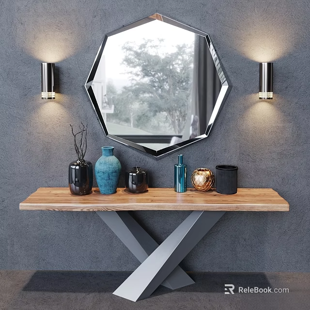 Octagonal Mirror Wall Hanging With Wall Sconces And Wooden Console Table Decorative Vases 3d model 