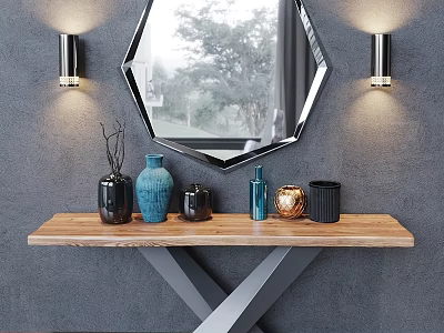 Octagonal Mirror Wall Hanging With Wall Sconces And Wooden Console Table Decorative Vases 3d model