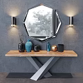 Octagonal Mirror Wall Hanging With Wall Sconces And Wooden Console Table Decorative Vases