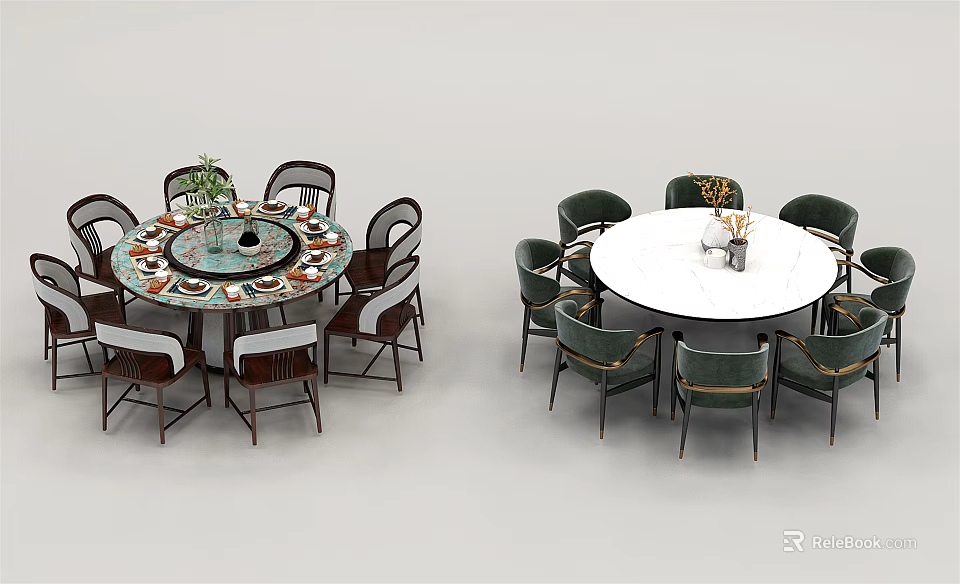 Modern Round Dining Table Set With Patterned And White Tabletops And Matching Chairs 3d model