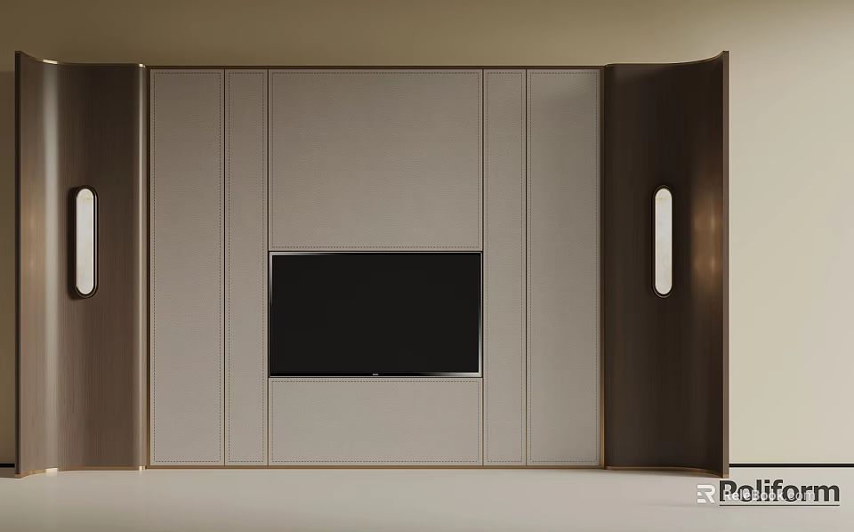 Modern TV Background Wall Design With Wooden Side Panels Built-in TV And Light Cabinets 3d model 
